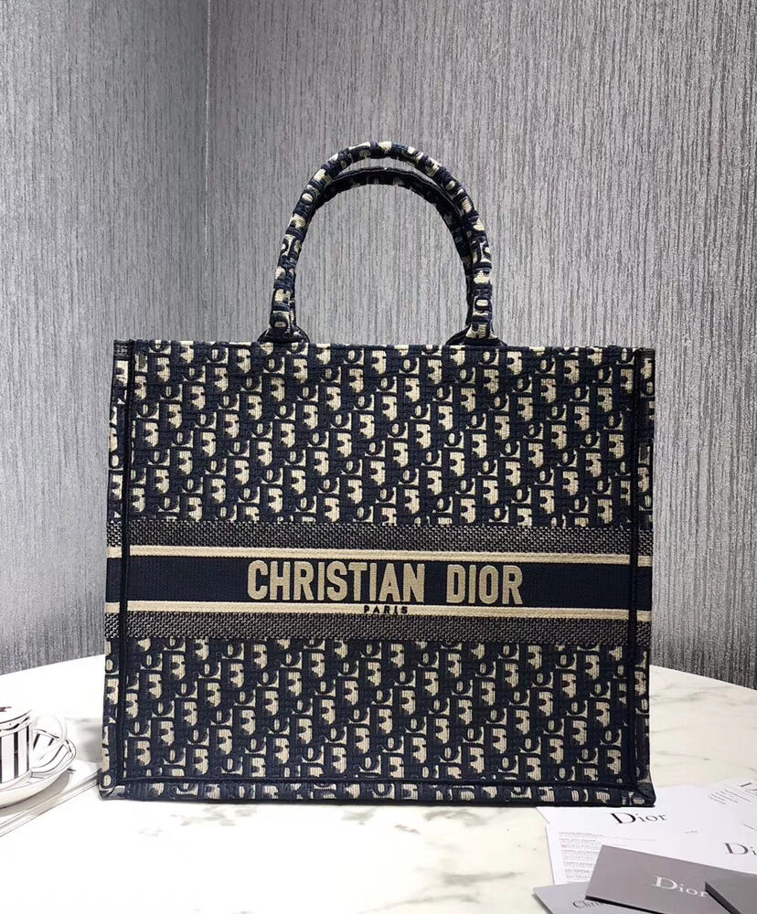 Christian Dior Book Tote Velvet Mizza Embroidery Canvas Dark Blue